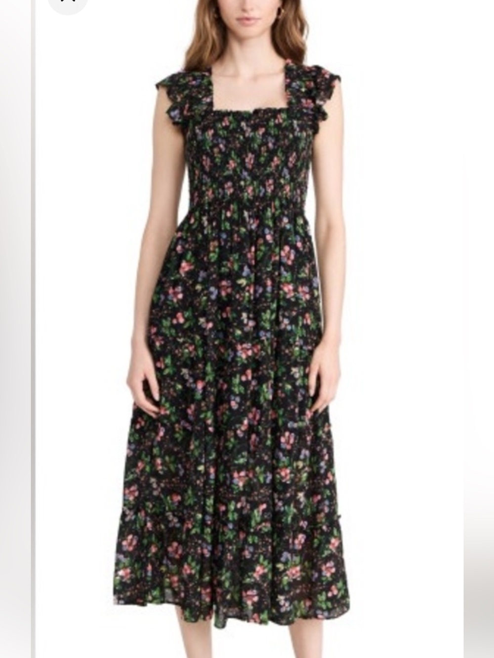 HILL HOUSE The Ellie Nap Dress Black Berry Floral Smocked Ruffle Details Midi XS